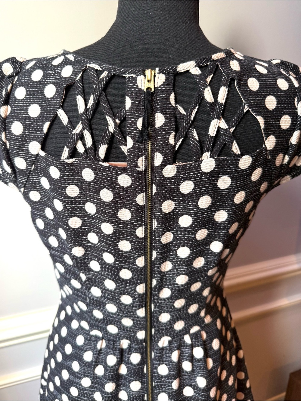 Maeve Anthropologie Polka Dot Fit & Flare Dress Lattice Cutout Detail Size 4 - Picture 6 of 12